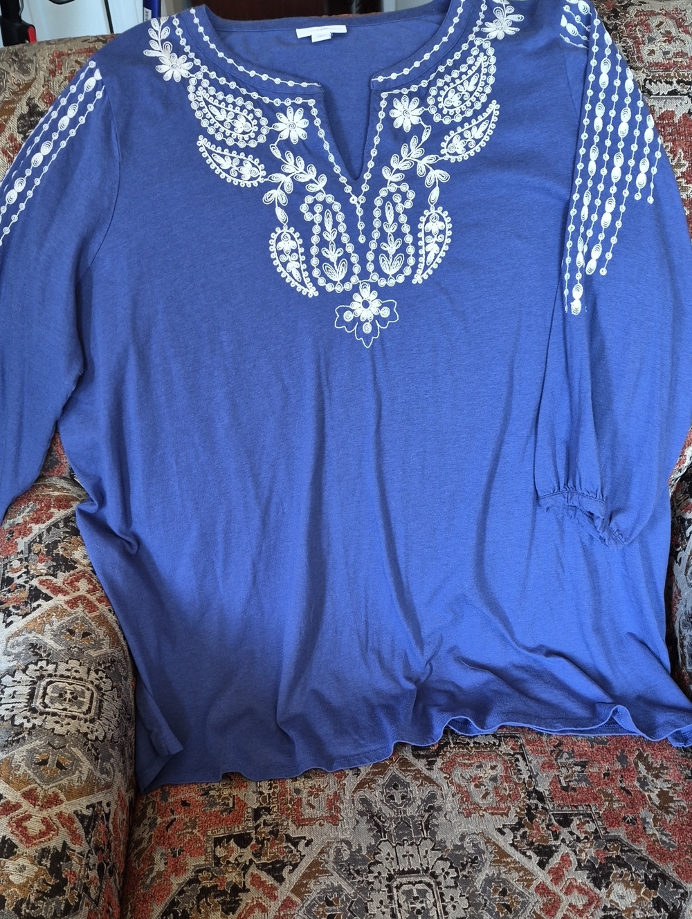 J. Jill Women's Blue Embroidered Split-Neck Top